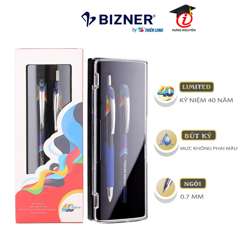 Bộ 2 bút gel 0.7mm thiên long hộp nhựa - mực xanh bizner biz-kit20/40years - bút ký không phai màu