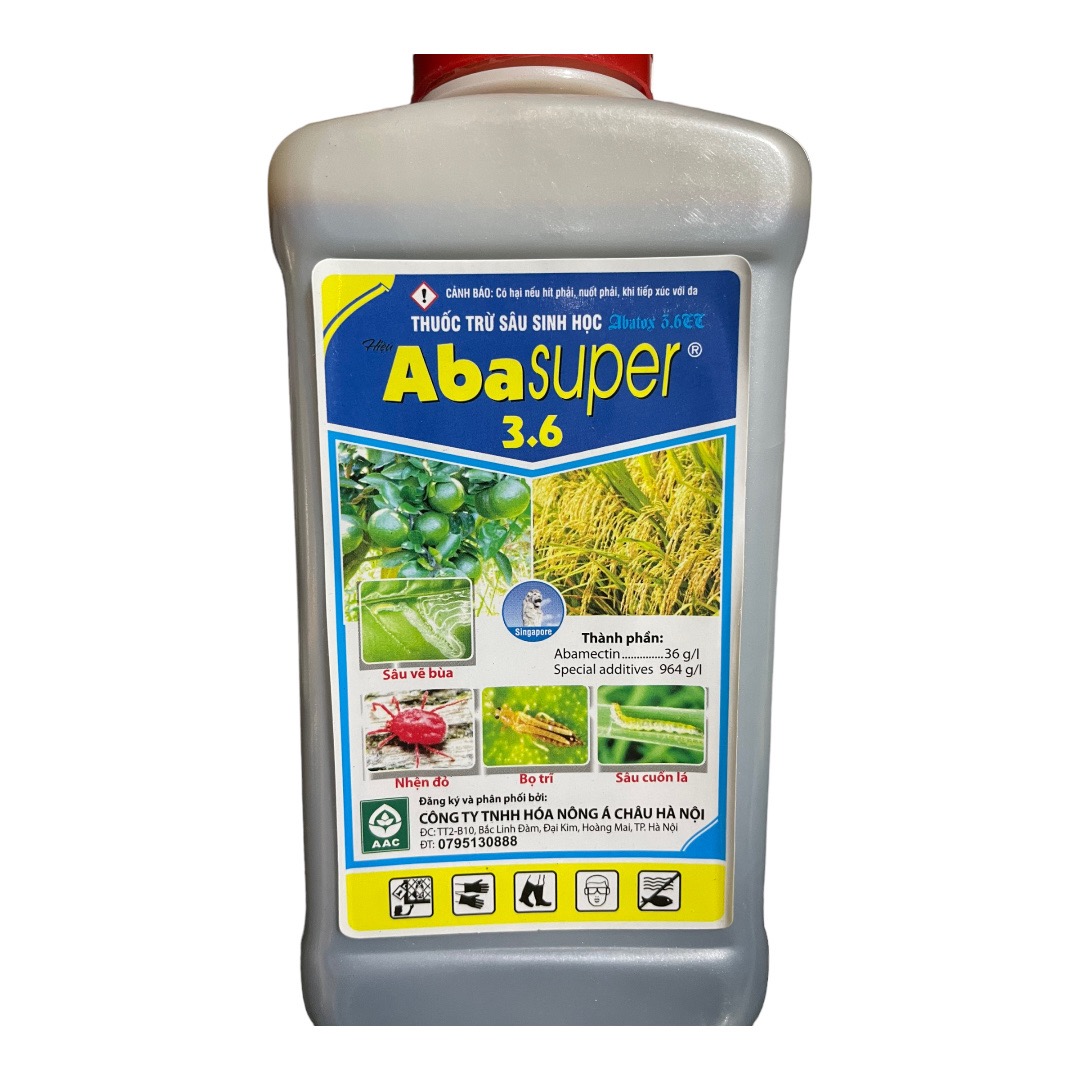 Thuốc trừ sâu sinh học hiệu Aba Super 3.6 (450ml); thuốc trừ nhện đỏ, bọ trĩ, sâu cuốn lá gây hại trên cây trồng.