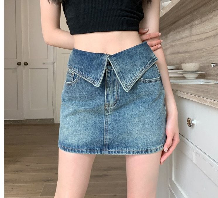 Quần Giả Chân Váy Jean kaki lưng cao đai gấp siêu hot Chân Váy Thiết Kế Quần váy đùi dây nịt quần short jean có đây nịt cổ đứng hàng loại 1 L93984