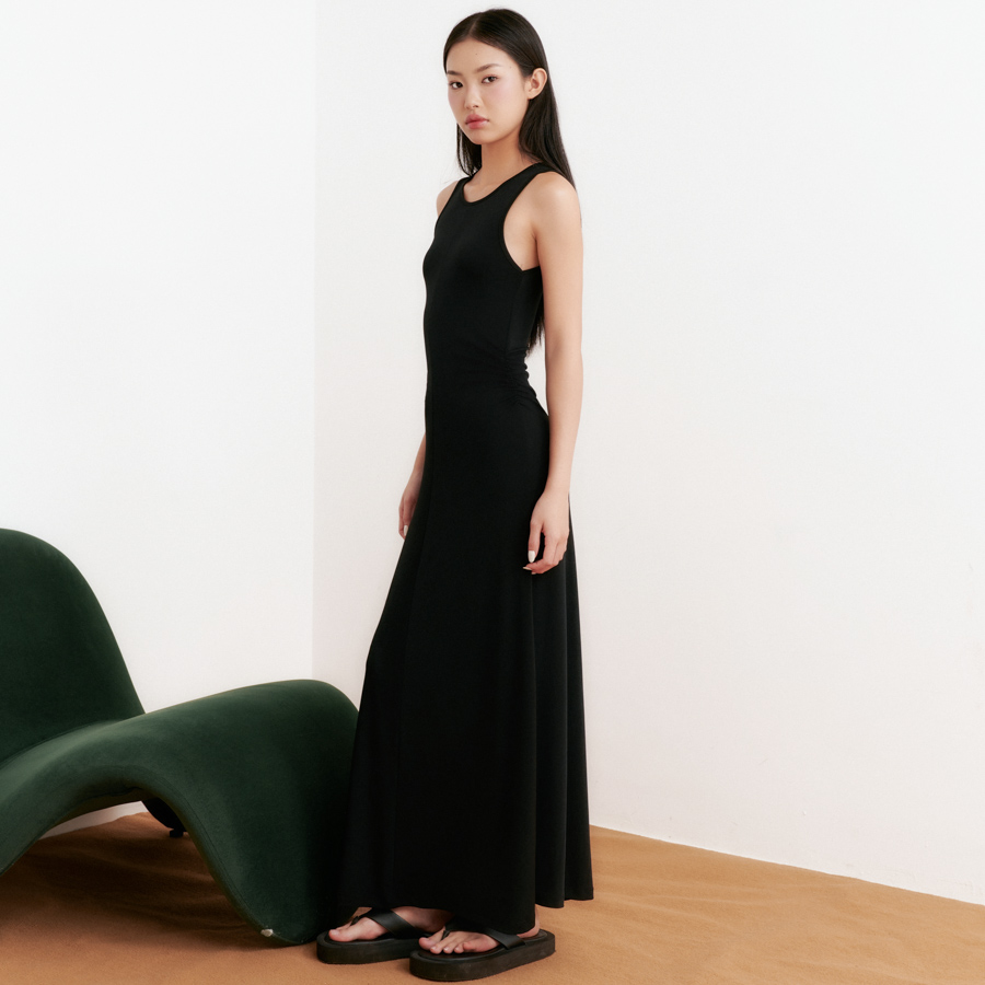 DOTTIE - Đầm midi sát nách nhún eo - Đen - D0553