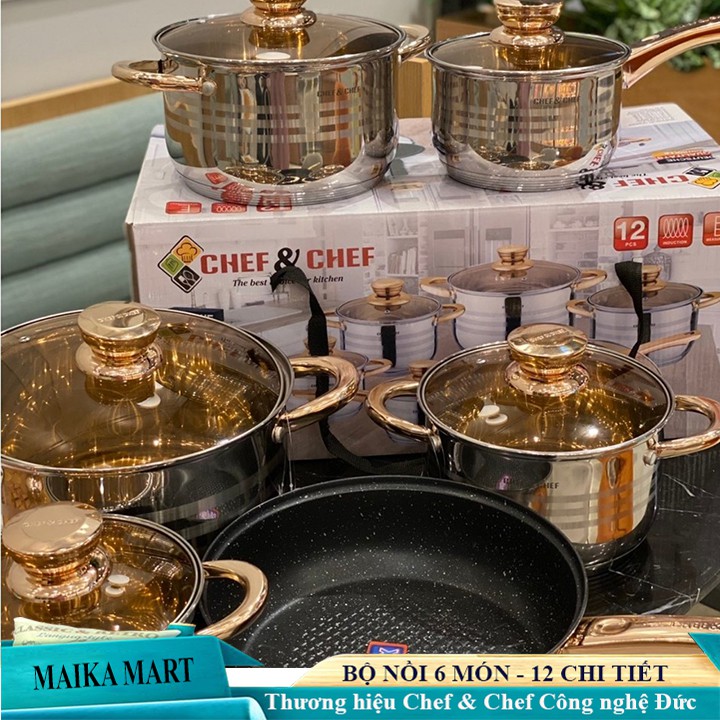 Bộ nồi Đức 6 món [ CAO CẤP ] bộ nồi nấu 6 món CHEF&CHEF - 6688 Đun nấu nhanh và tiết kiệm năng lượng nhờ đáy 5 lớp, BẢO HÀNH 5 NĂM TOÀN QUỐC