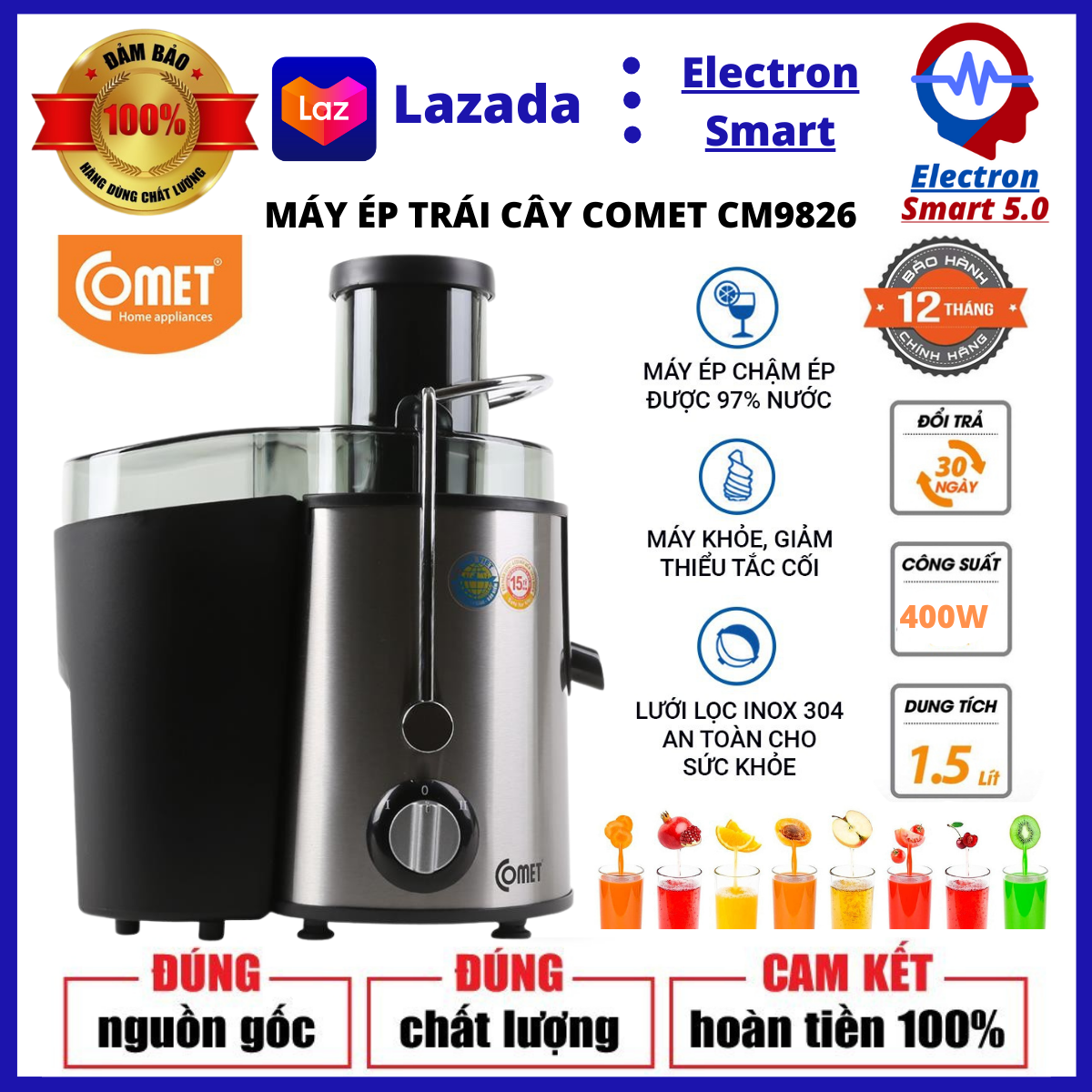 Máy ép trái cây củ quả comet cm9826 chính hãng dung tích 1.5l công suất 400w cực mạnh. máy ép đa năng 2 chế độ ép. máy ép nước hoa quả comet cm9826. máy ép chậm comet cm9826 có chốt an toàn tự động ngắt điện quá tải. bh 12 tháng
