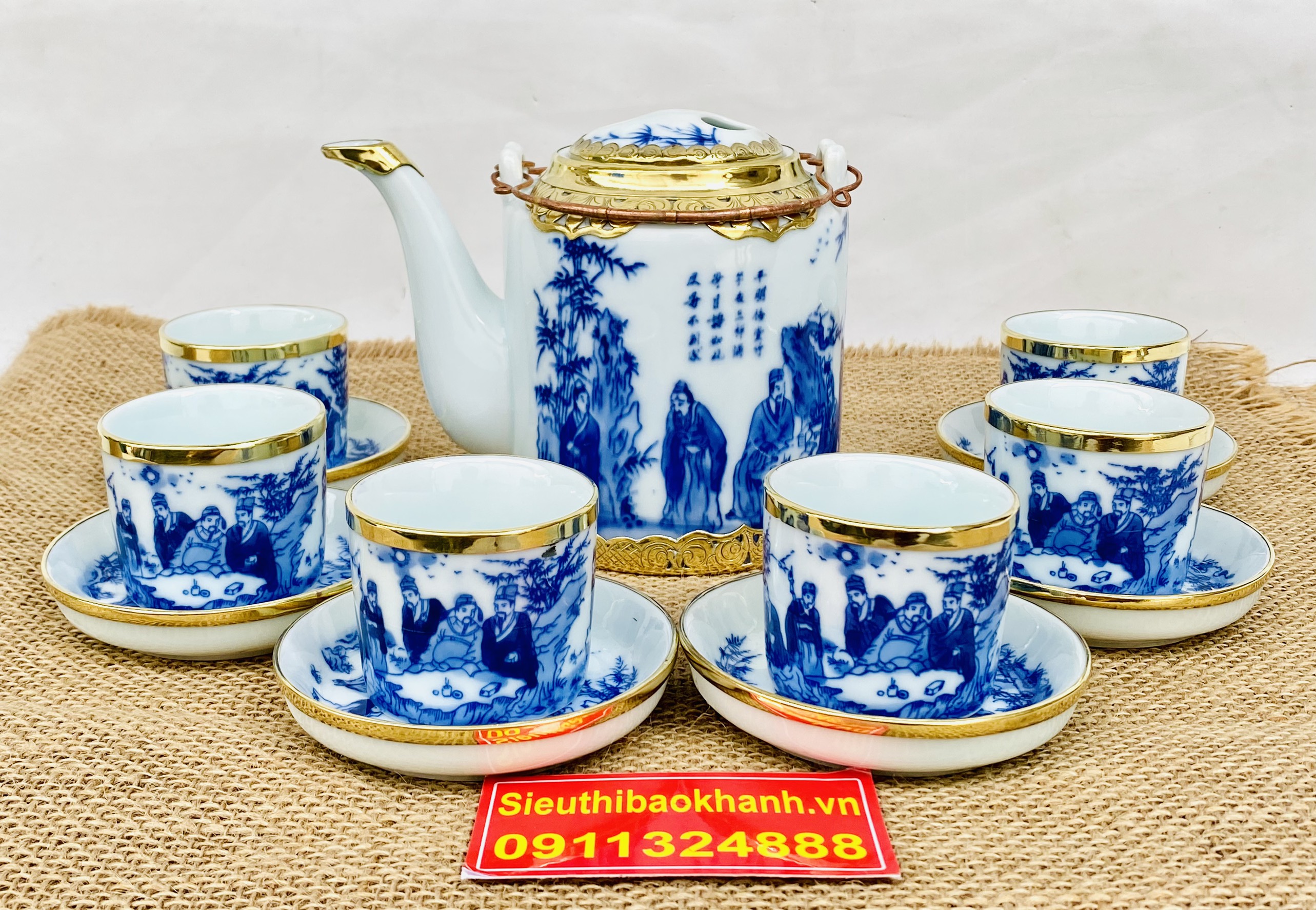 Bộ ấm chén,ấm trà Bát Tràng đẹp họa tiết Trúc Lâm Thất Hiền bọc đồng 750ml-Ấm chén Bảo Khánh