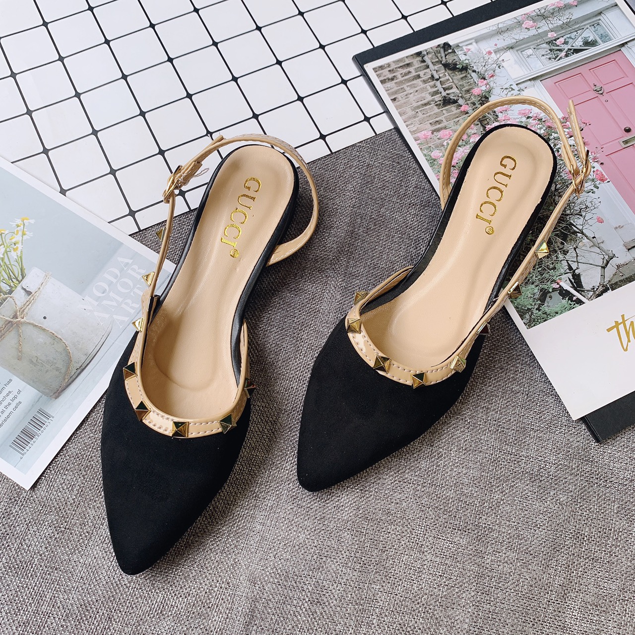 Giày sandal viền đinh mũi nhọn hở gót 2p cực dễ đi - s622