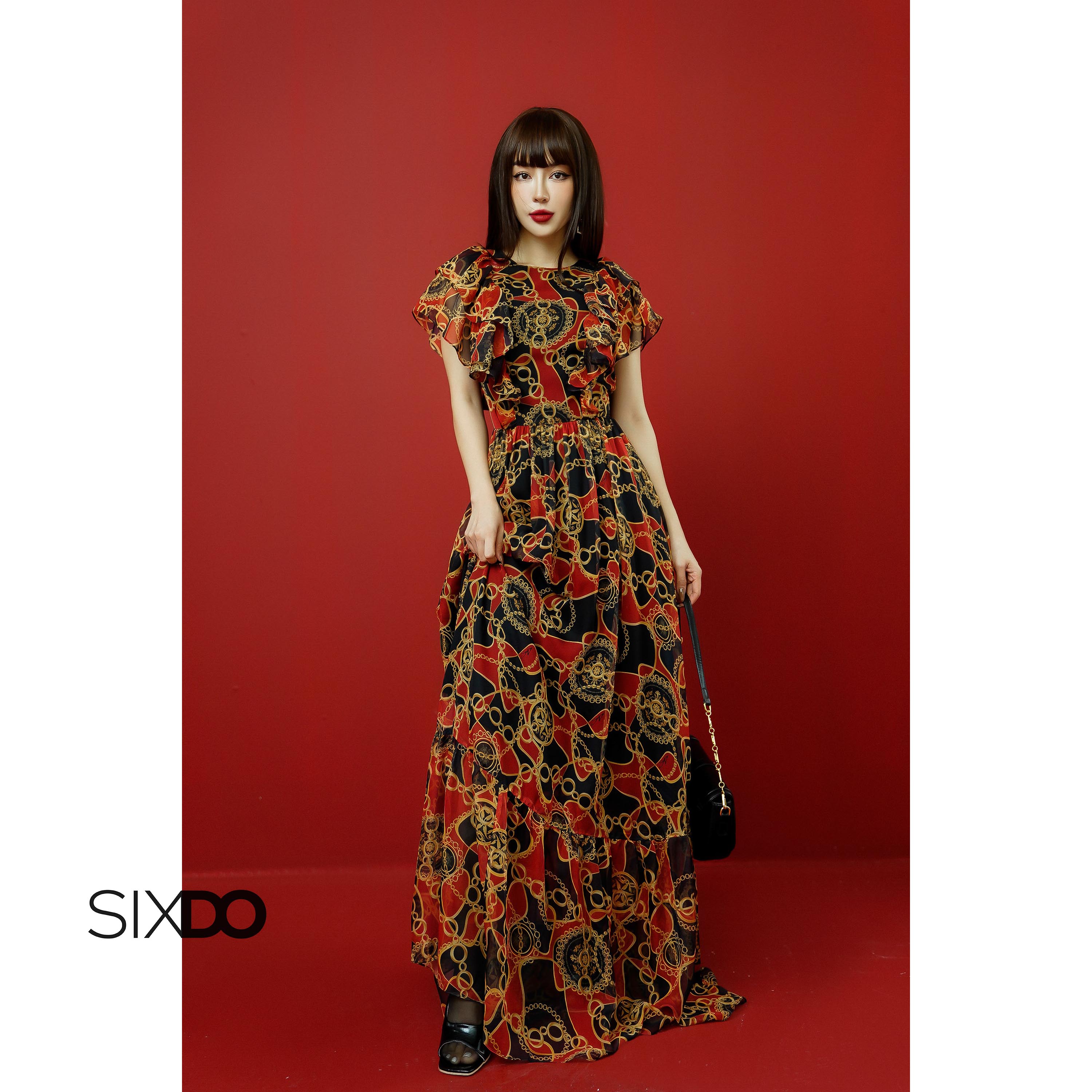 Đầm voan họa tiết baroque SIXDO (Black Baroque Print Tiered Midi Voile Dress)