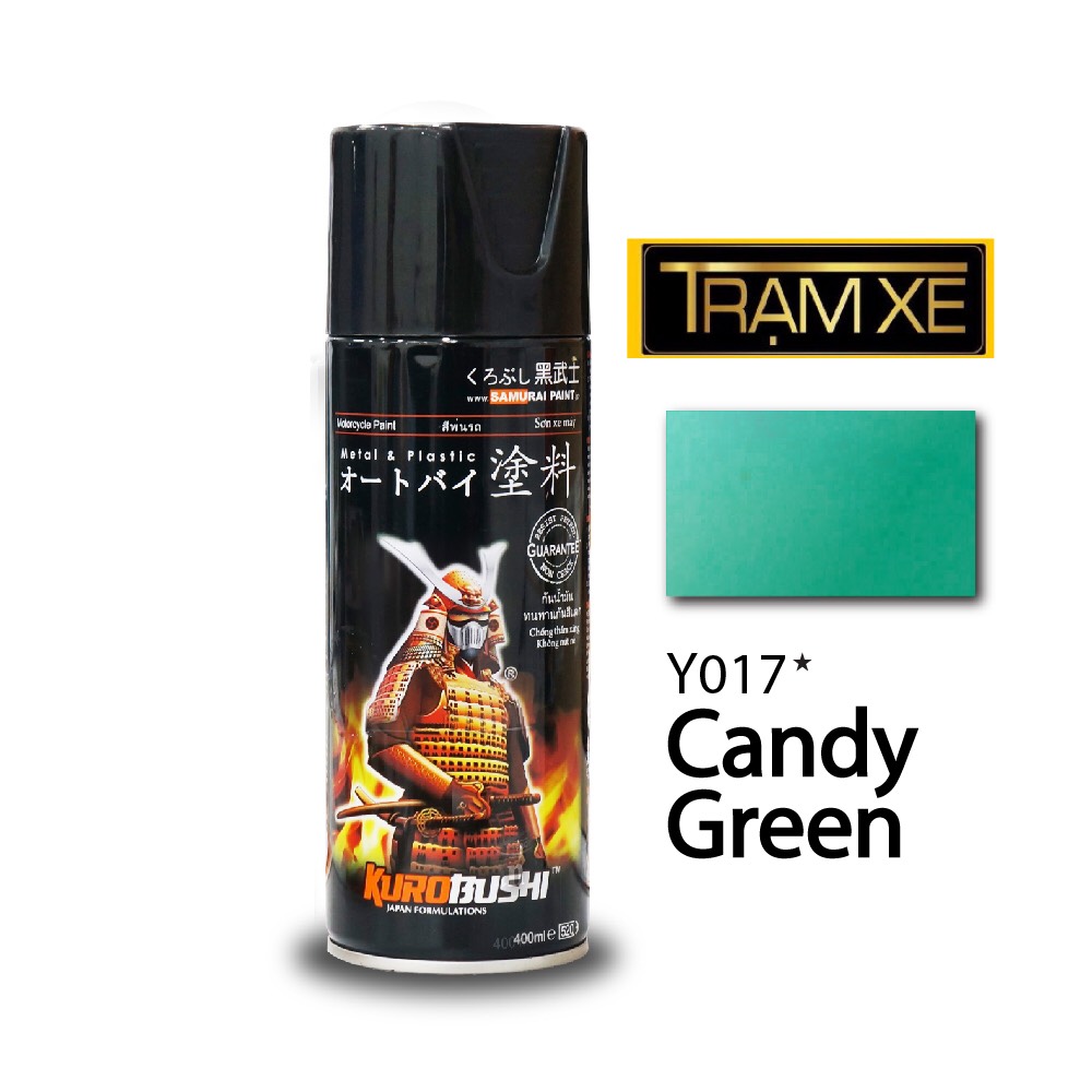 Chai sơn xịt Samurai màu xanh candy Y017 400ml có vòi phun chống chảy (cần sơn trên nền bạc)