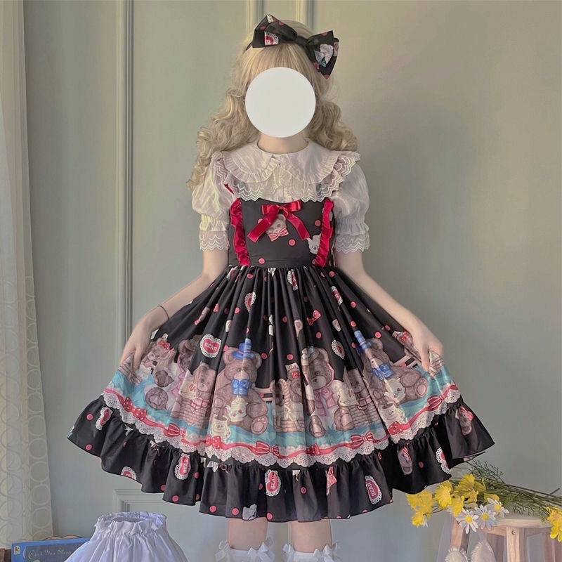Đầm hai dây họa tiết gấu xinh xắn phong cách lolita dễ thương