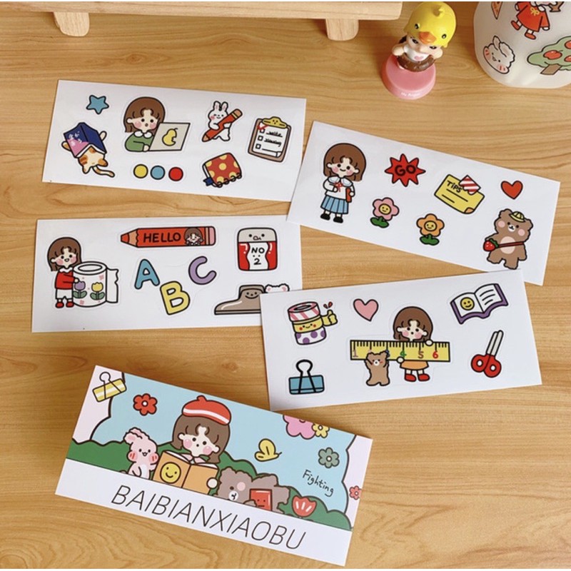 Set sticker cô gái Baibianxiaobu 4 tấm