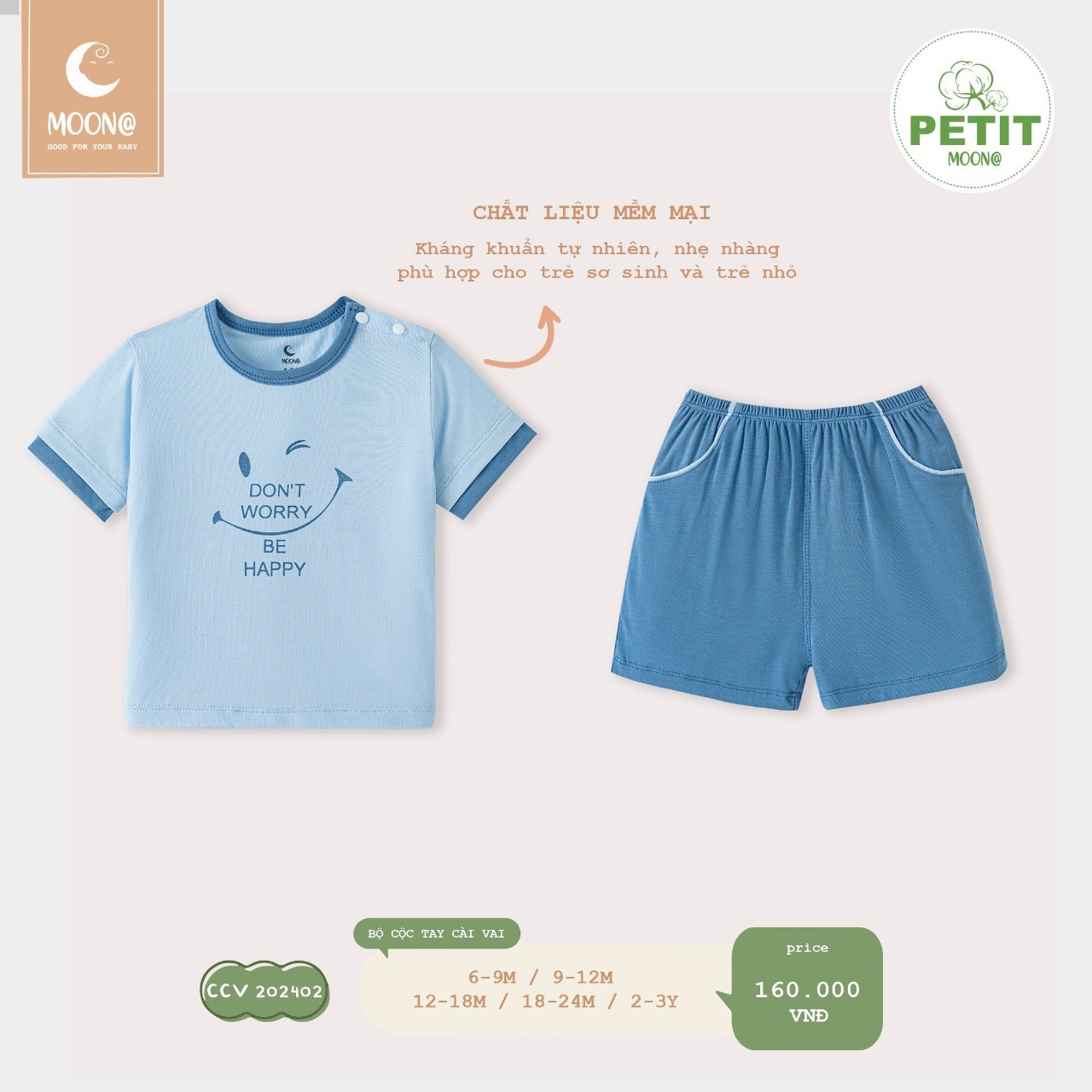 Bộ quần áo cộc tay trẻ em chất petit mềm mịn họa tiết dễ thương Moon