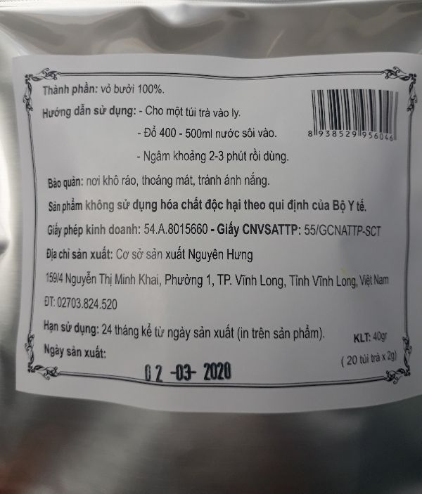 trà vỏ bưởi túi lọc mekong 40gr