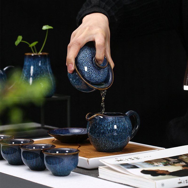 Bộ ấm chén trà gốm sứ men hỏa biến cao cấp