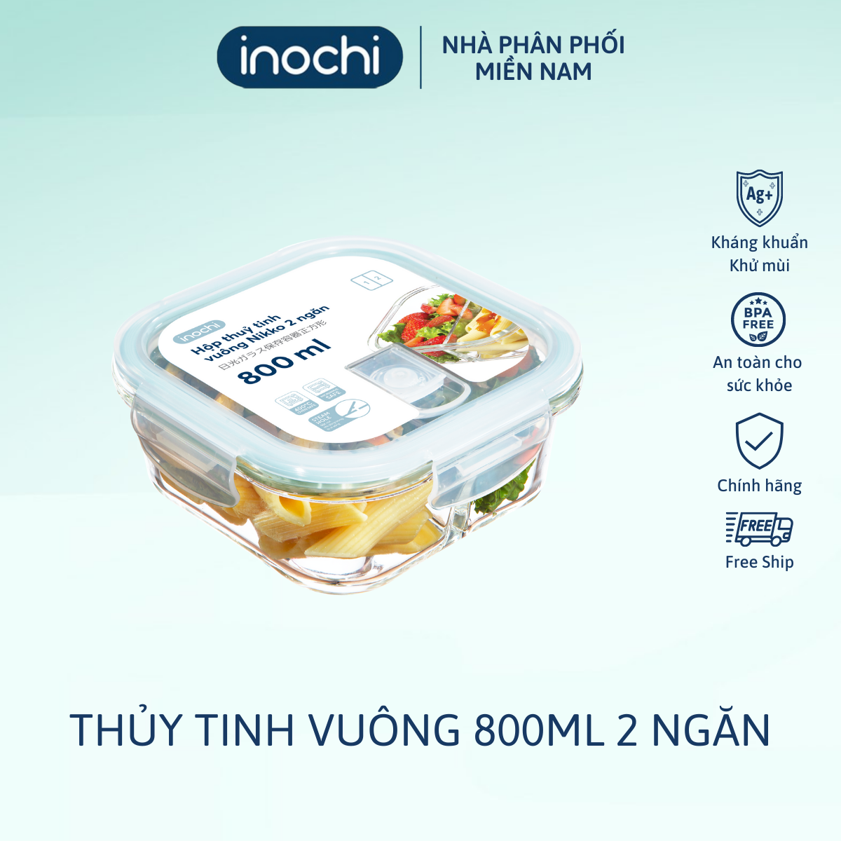 Hộp thủy tinh vuông Nikko 800 ml (2 ngăn)