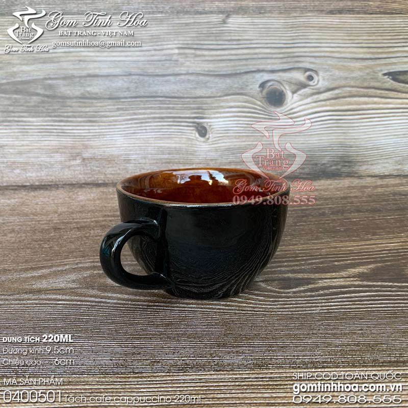 Ly tách cafe capuchino 220ml gốm sứ Bát Tràng cao cấp men đen lòng nâu cánh gián