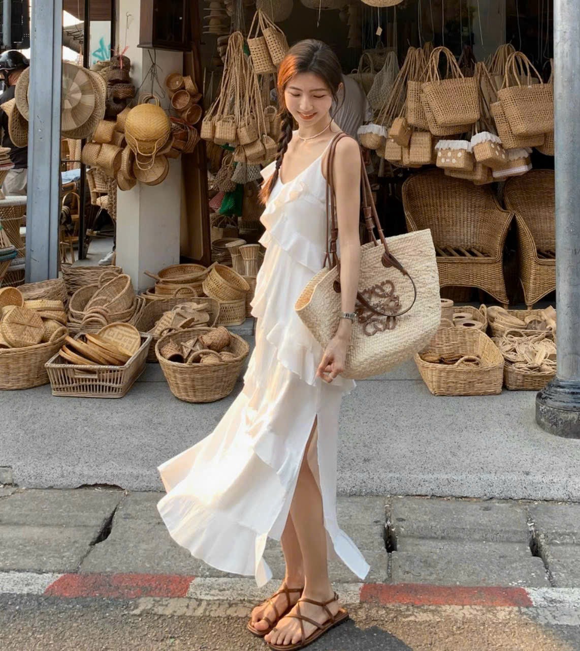 Đầm maxi hai dây phối bèo 2 màu