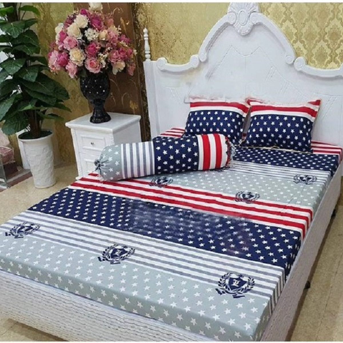 Bộ 5 món chăn ga gối cotton poly mẫu cờ mỹ