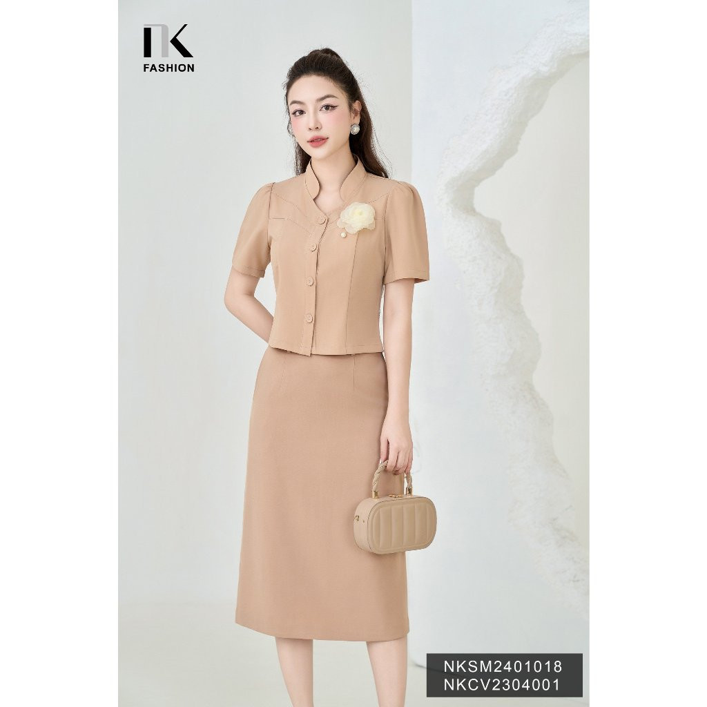 Áo Sơ Mi Cổ Tàu V Cúc Bọc NK Fashion Công Sở Nữ Thiết Kế ĐiệuTrẻ Trung Phù Hợp Đi Làm Đi Chơi Vải Mị