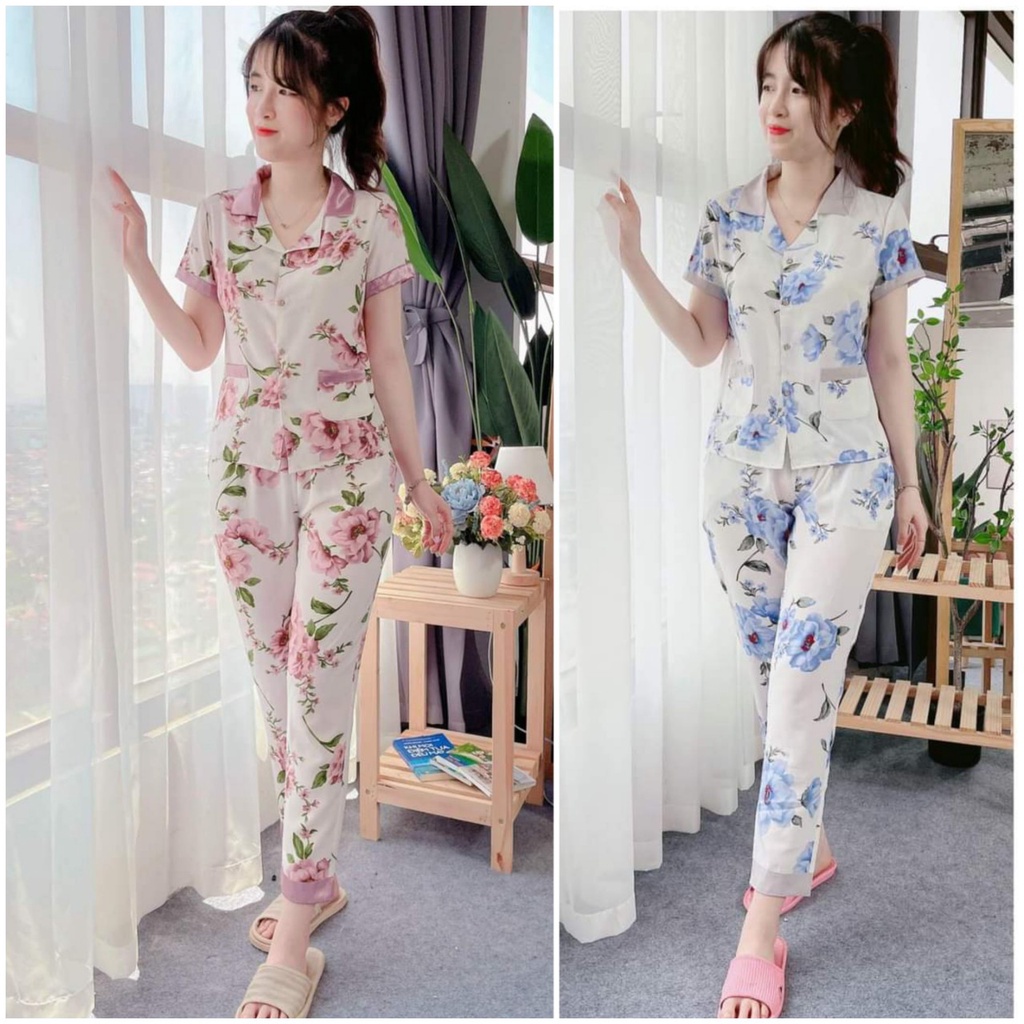 (BunnySky) Đồ bộ mặc nhà, quần áo nữ mẫu pizama lụa, chất lụa mềm mịn nhiều mầu để lựa chọn