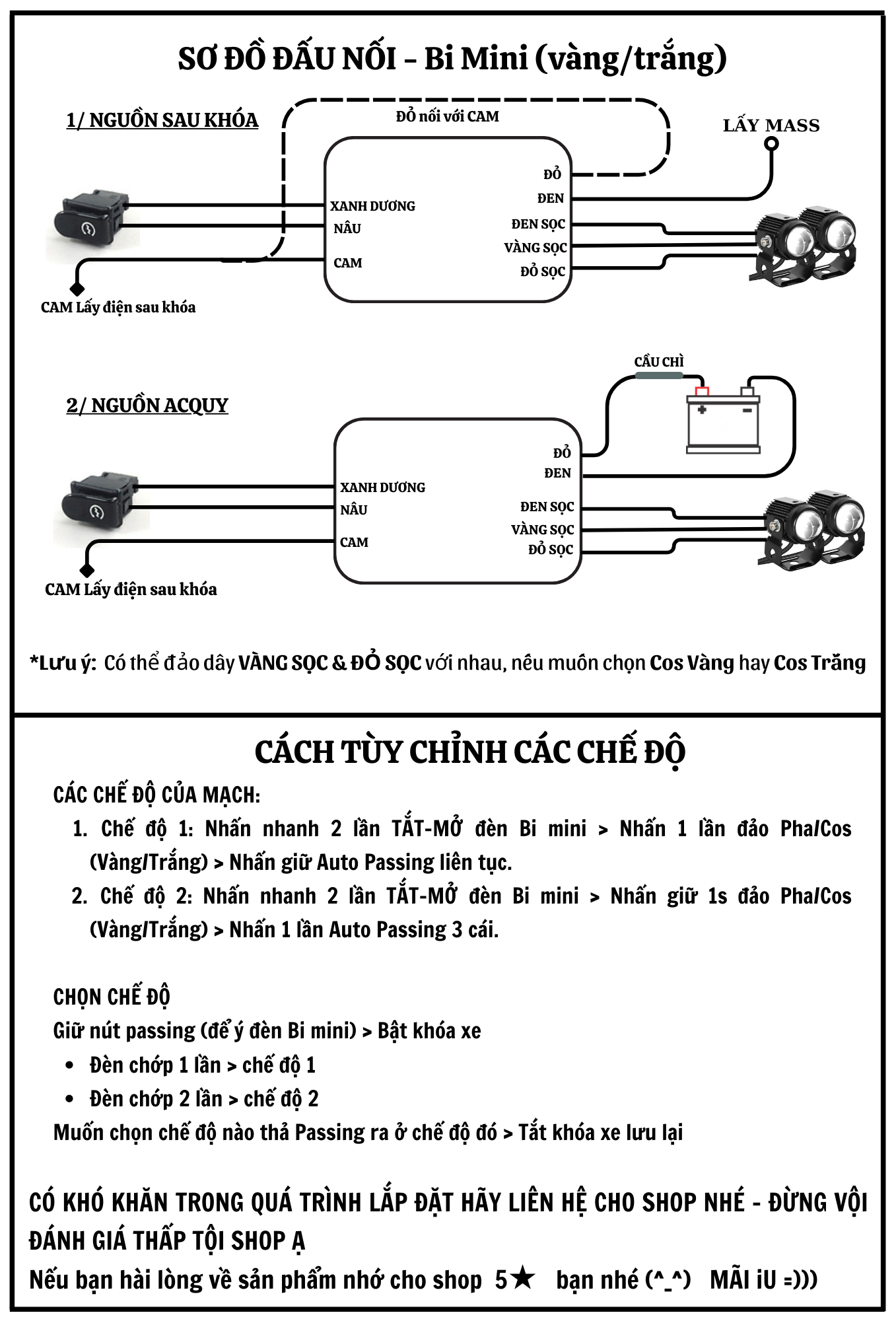TV06 - Mạch Bi Mini Passing đèn trợ sáng Bi Mini Vàng/Trắng, Mạch bimini auto passing, NÚT RỜI