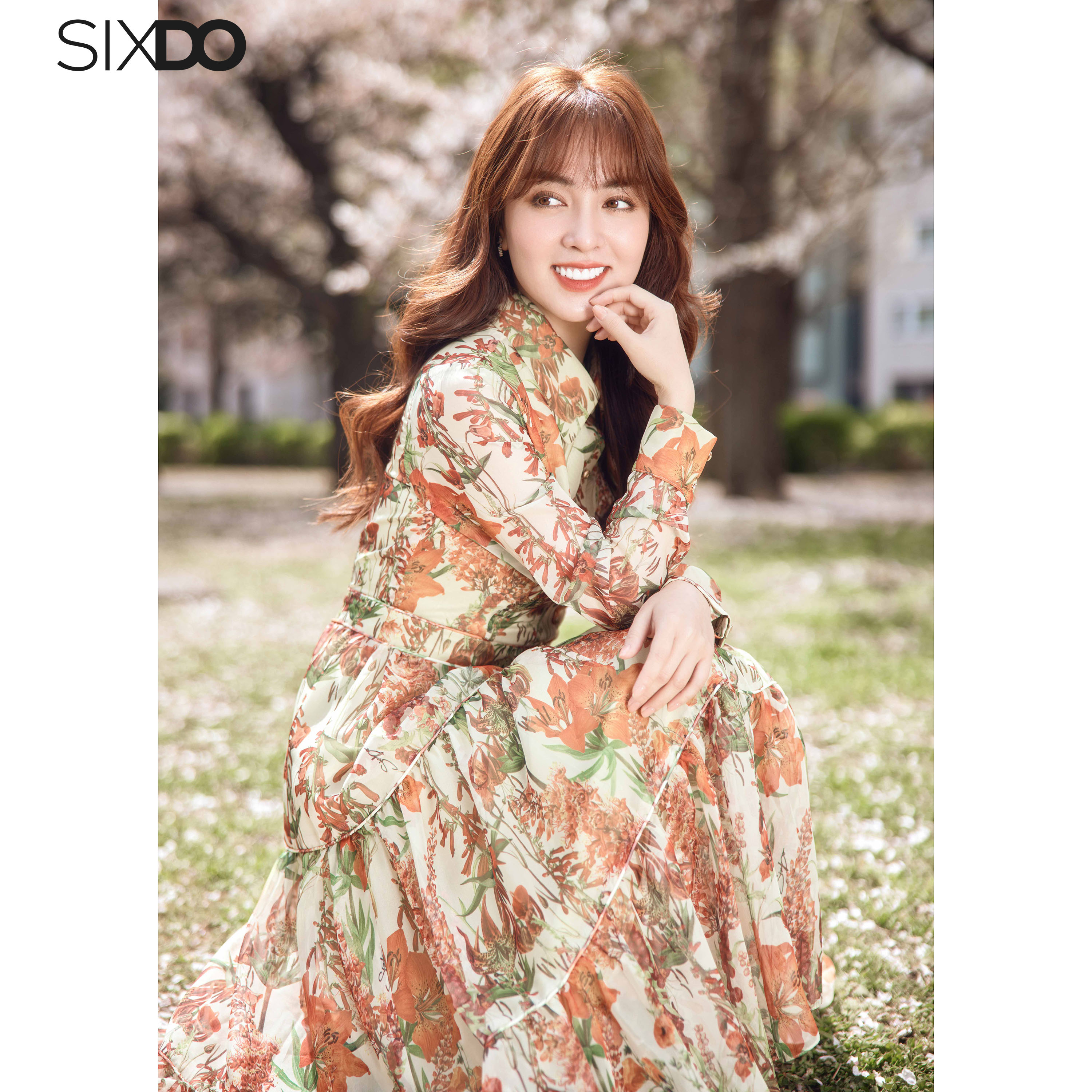 Đầm sơ mi voan hoa dài tay SIXDO (Green Nuggets Floral Midi Voile Dress)