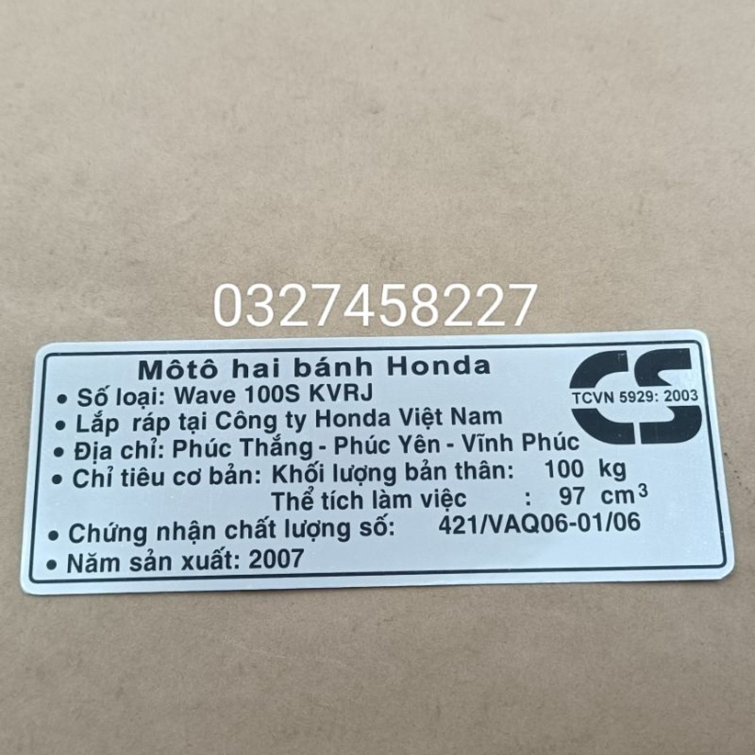Tem thông số dán hộp xích, cacte xe WAVE S100 2007