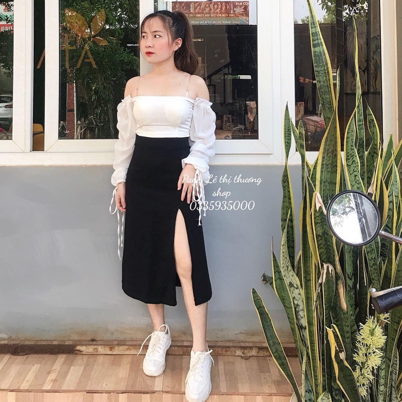 Set váy xẻ tà + áo bẹt vai tay rút dây