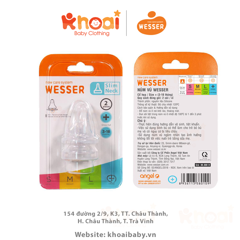 Vỉ 2 núm ty bình sữa Wesser cổ hẹp - Size S, M, L