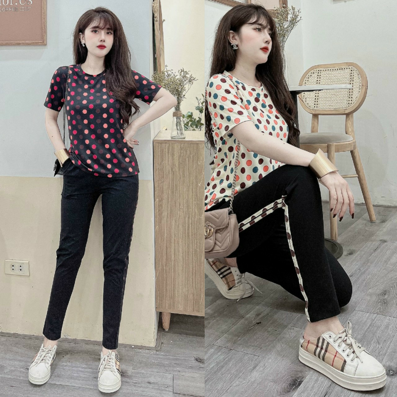 Đồ bộ dài thun cotton dáng thể thao chấm bi màu (2 màu: đen, kem)
