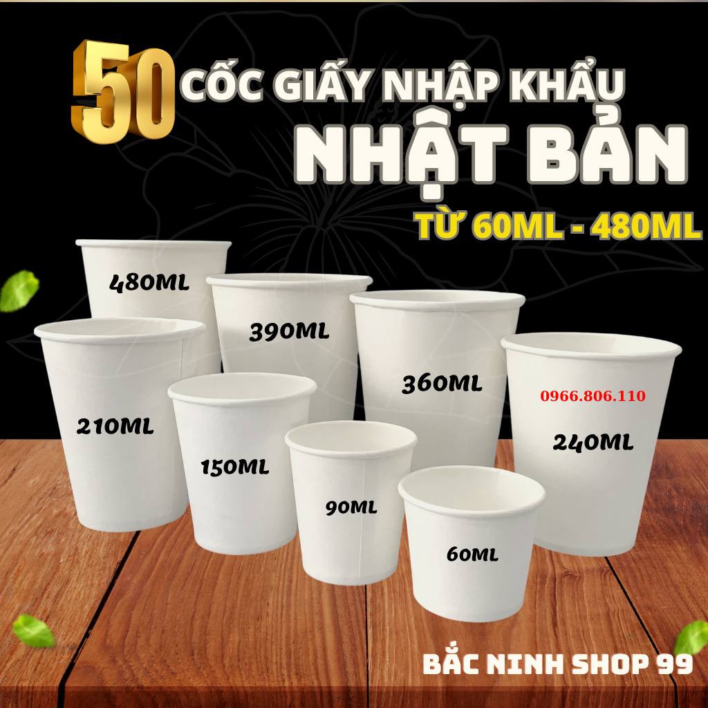 SET 50 Cốc giấy nhập khẩu đủ SIZE TỪ 60ml - 480ml dùng 1 lần