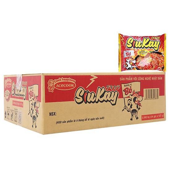 Thùng 24 gói mì Siukay 7 cấp độ vị Bò