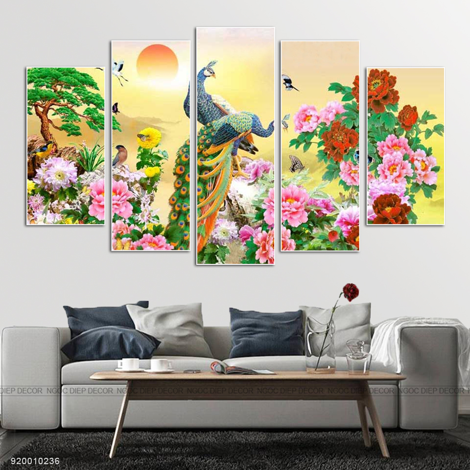 Tranh dán tường chim công mẫu đơn 3D - Tranh décor phòng khách, phòng ngủ phong cách hiện đại