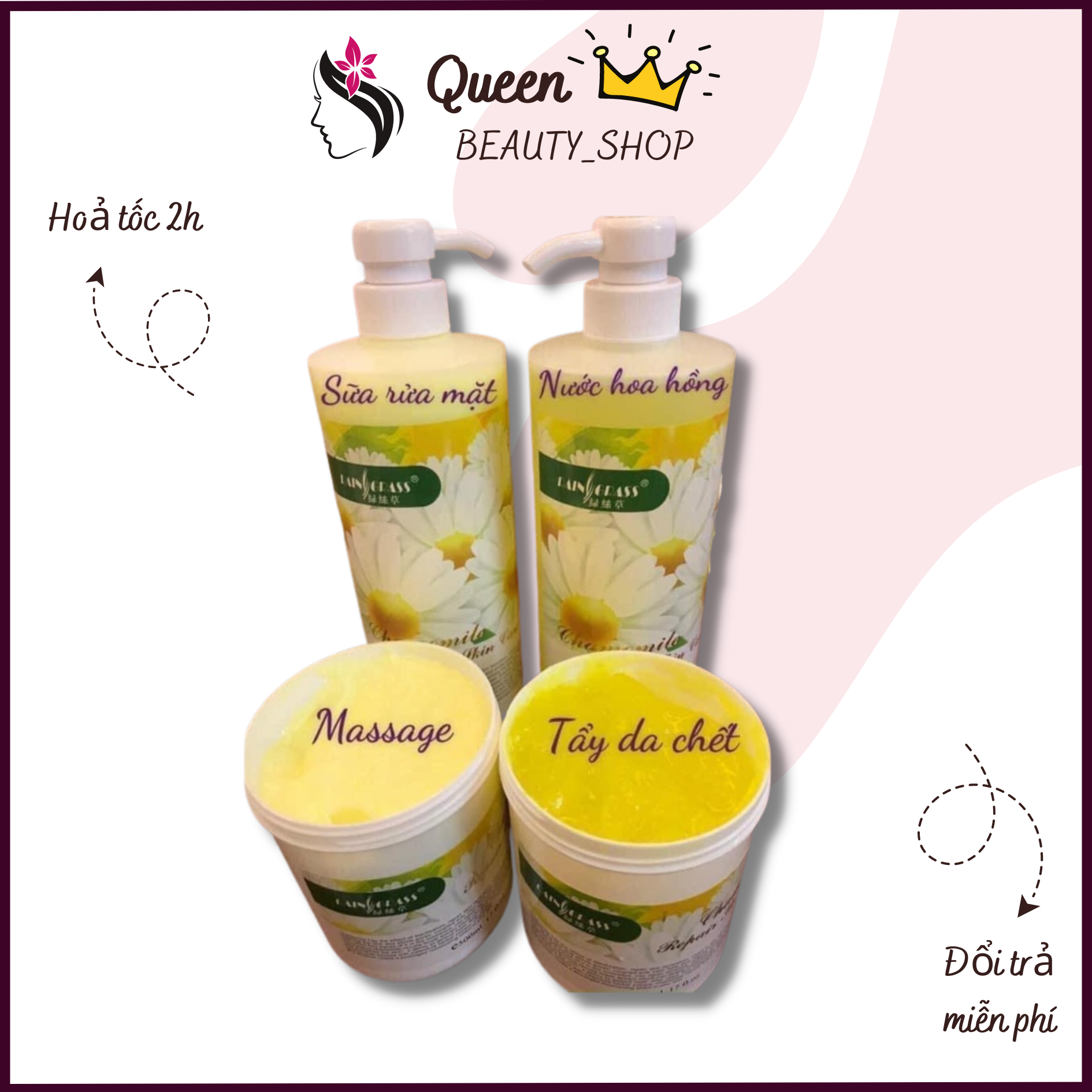 Bộ chăm sóc da mặt cơ bản hoa cúc (Sữa rửa mặt + Tẩy da chết + Kem massage + Nước hoa hồng)