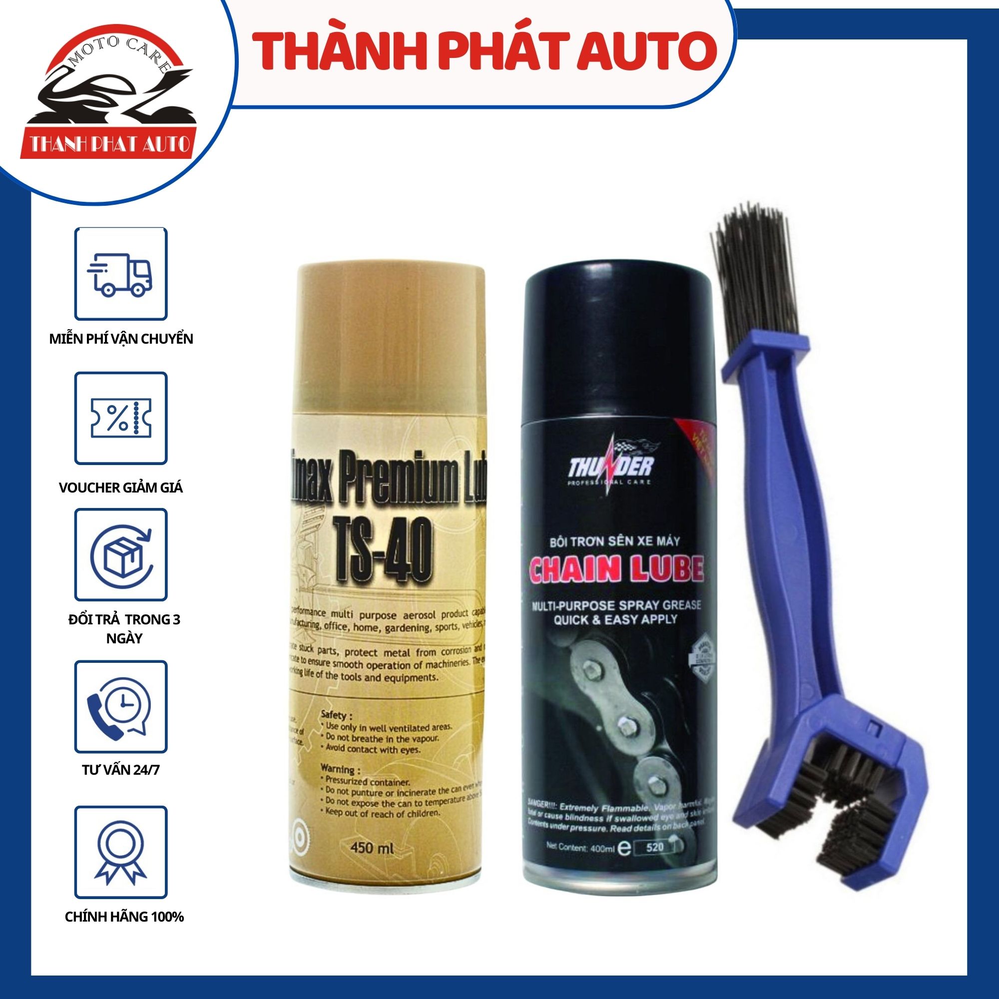 Chai xịt vệ sinh sên xe máy / mô tô TS-40 450ml, chai xịt bôi trơn dưỡng sên Thunder Chain Lube 400ml và bàn chải vệ sinh sên chuyên nghiệp 3D