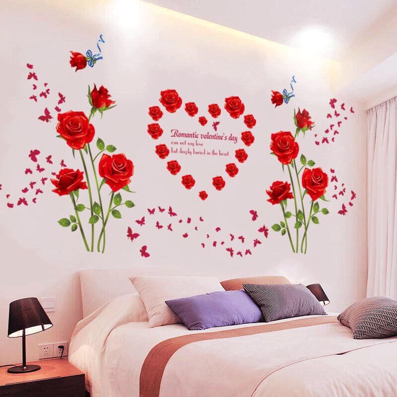 Decal dán tường hoa hồng đỏ ( combo 2 tranh) sẵn keo dán