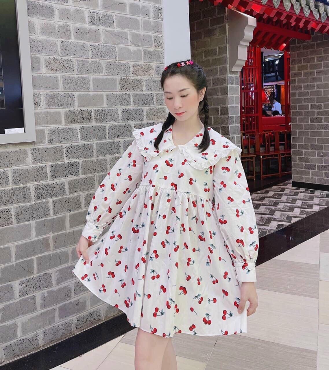 Đầm babydoll đính hoa nhí phối tay dài dễ thương xinh sắn