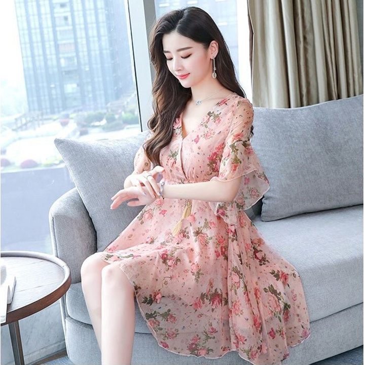 [HCM]Đầm Đính Hoa Thắt Dây Eo Thanh Lịch