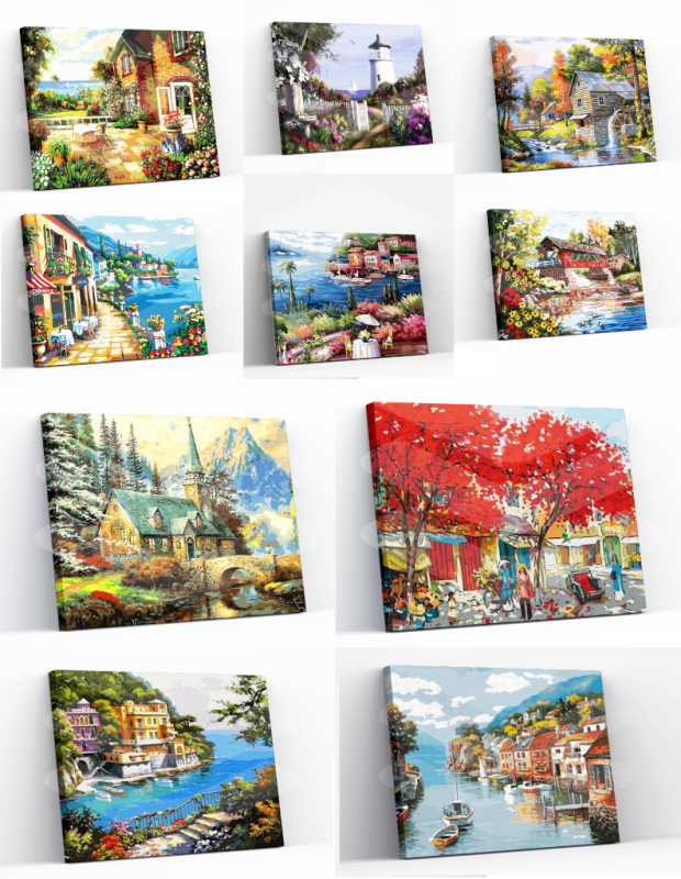 Tranh sơn dầu số hoá tự tô có khung 40x50cm được chọn- biệt thự rừng hoa làng quê nhiều mẫu được chọn KT03
