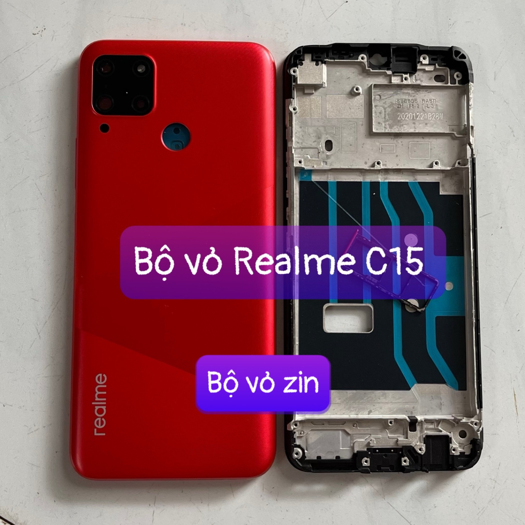 Bộ xương vỏ Realme C15 ,kèm khay sim,phím,kính camera