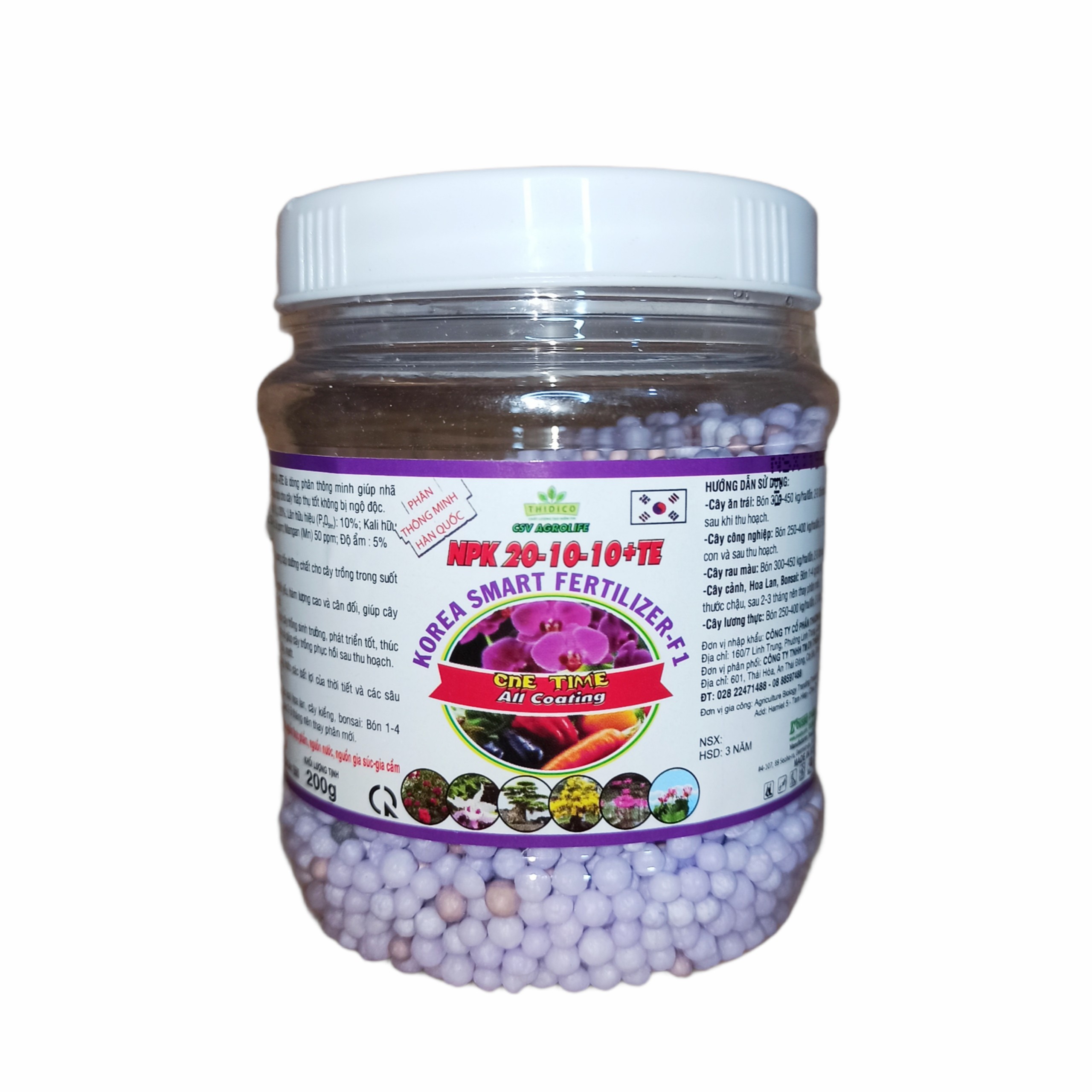 Phân Tan Chậm Hàn Quốc NPK 20-10-10+TE lọ 200gr cho hoa lan hoa hồng và cây kiểng