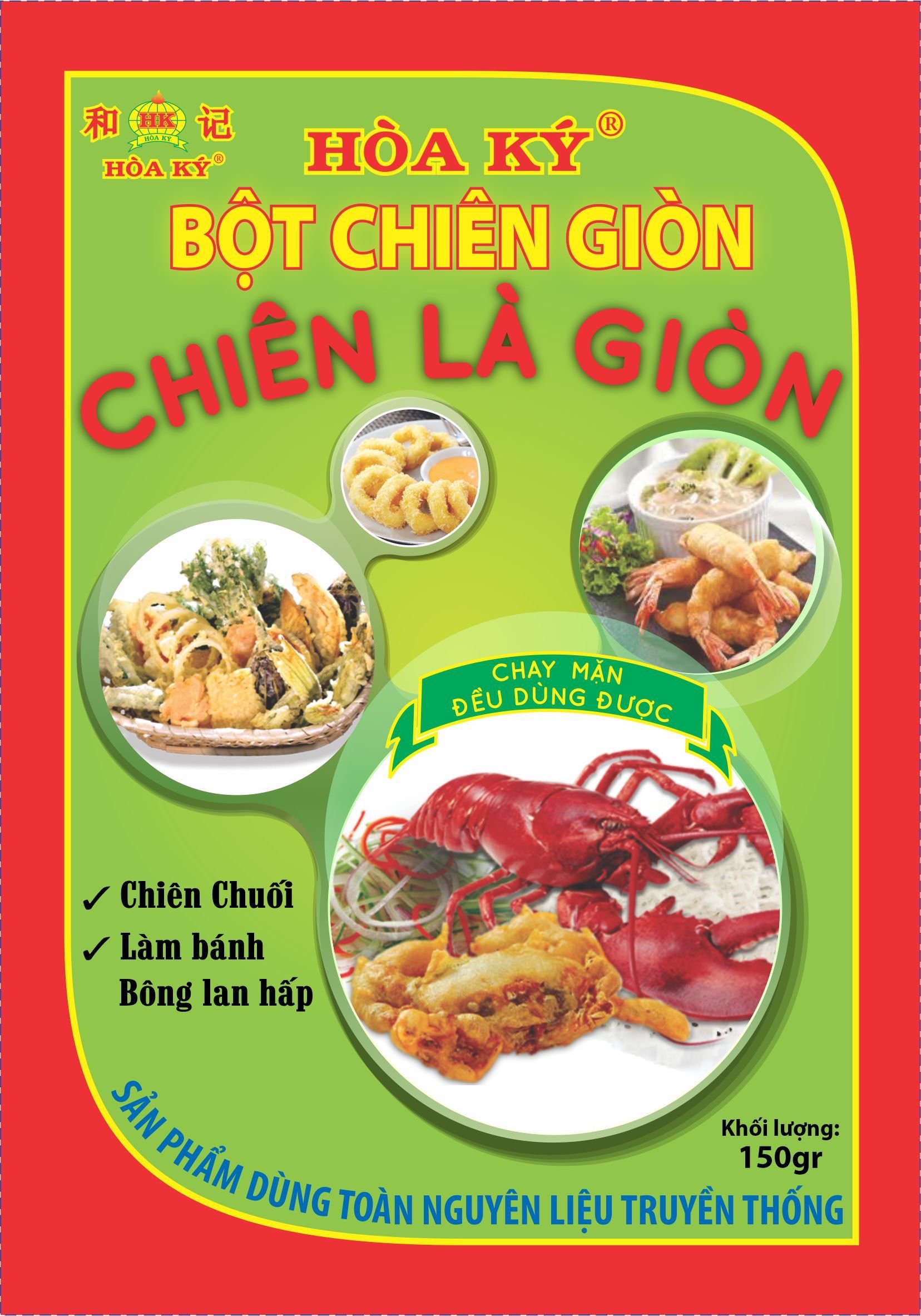 BỘT CHIÊN GIÒN HÒA KÝ 150g, chiên Chuối, gà, cá, tôm, mực, chả và các loại rau củ