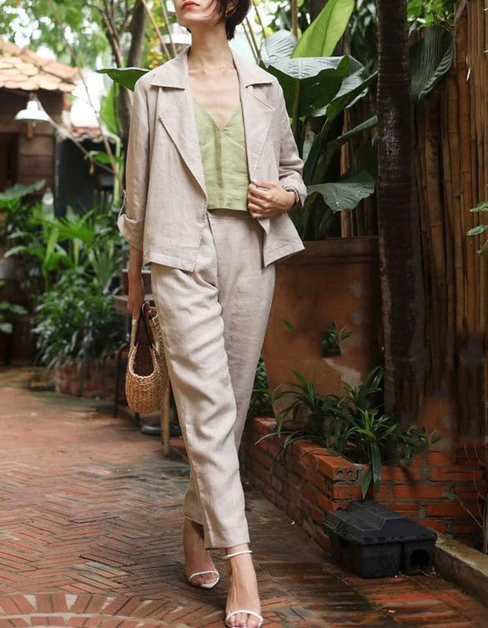 Set bộ áo khoác Blazer Linen Bột Premium cổ ve vuông tay lỡ kèm quần baggy dáng lửng trẻ trung (Be, Trắng)