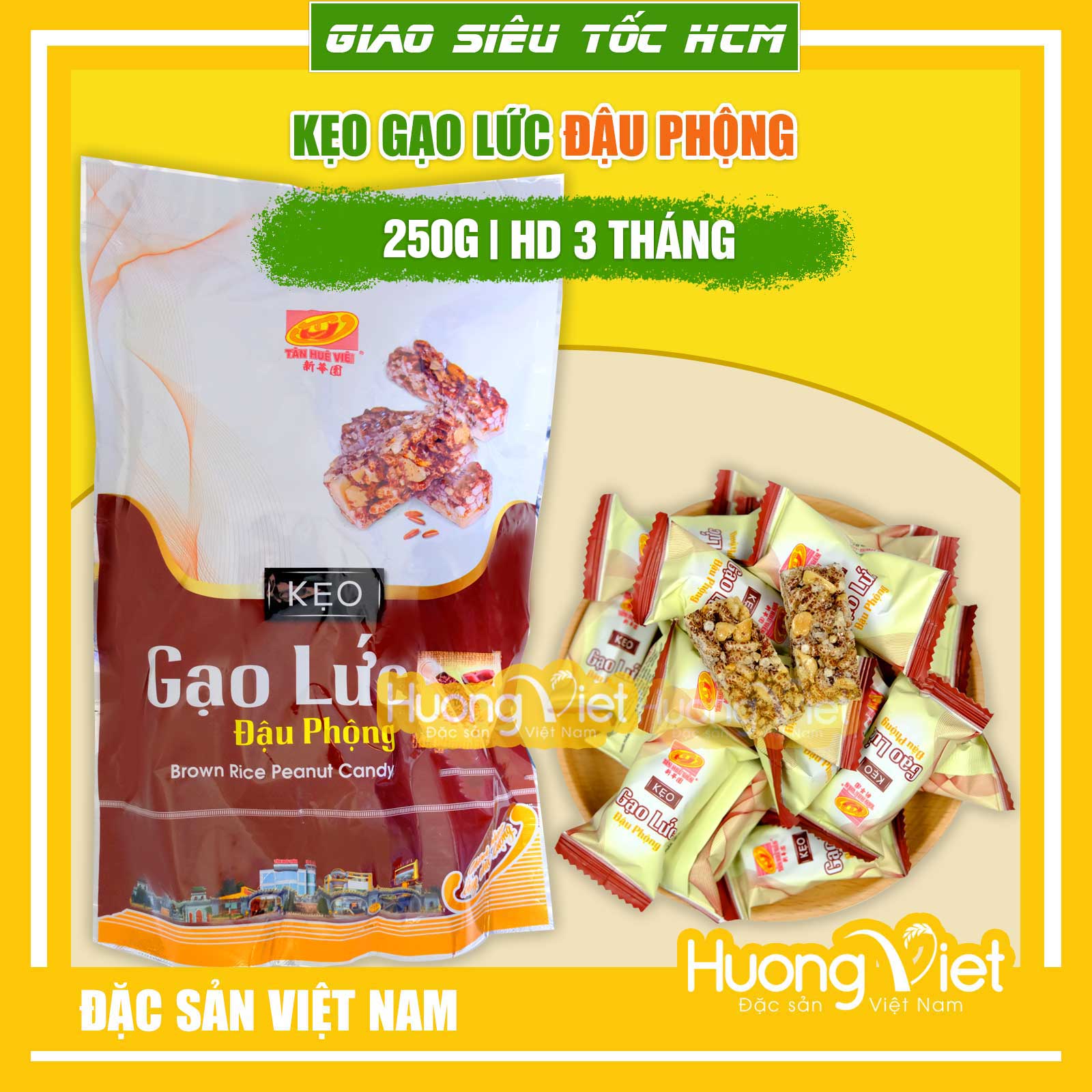 Kẹo gạo lức đậu phộng Tân Huê Viên 250gr đặc sản kẹo gạo lứt Sóc Trăng bánh kẹo tết đãi khách