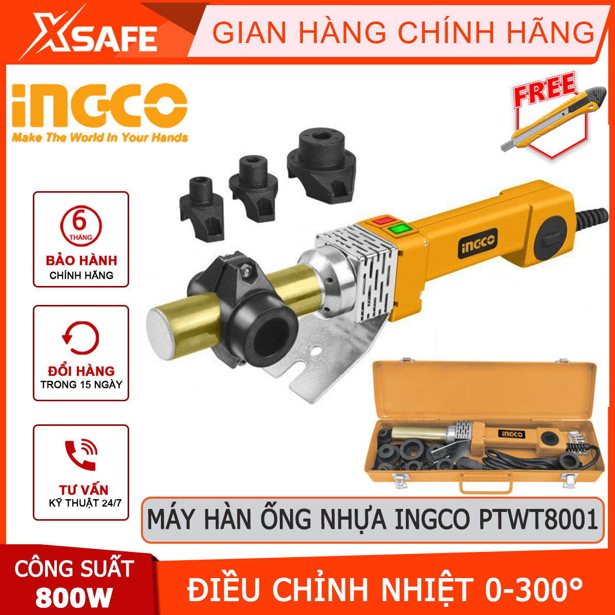 Plastic pipe welding machine ingco PTWT8001 | heat welder 800 W, socket sets thermal 16, 20, 25, 32mm, adjustable thermostat 0-300 ° C welding of plastic pipes, iron, steel, Stainless Steel [xsafe] [genuine]