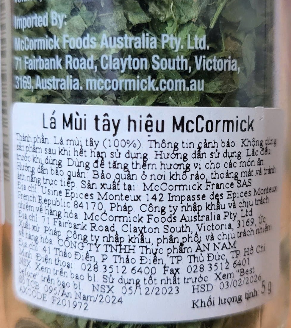 MCCORMICK (Lọ PARSLEY 5g) LÁ MÙI TÂY PHÁP Parsley Leaves