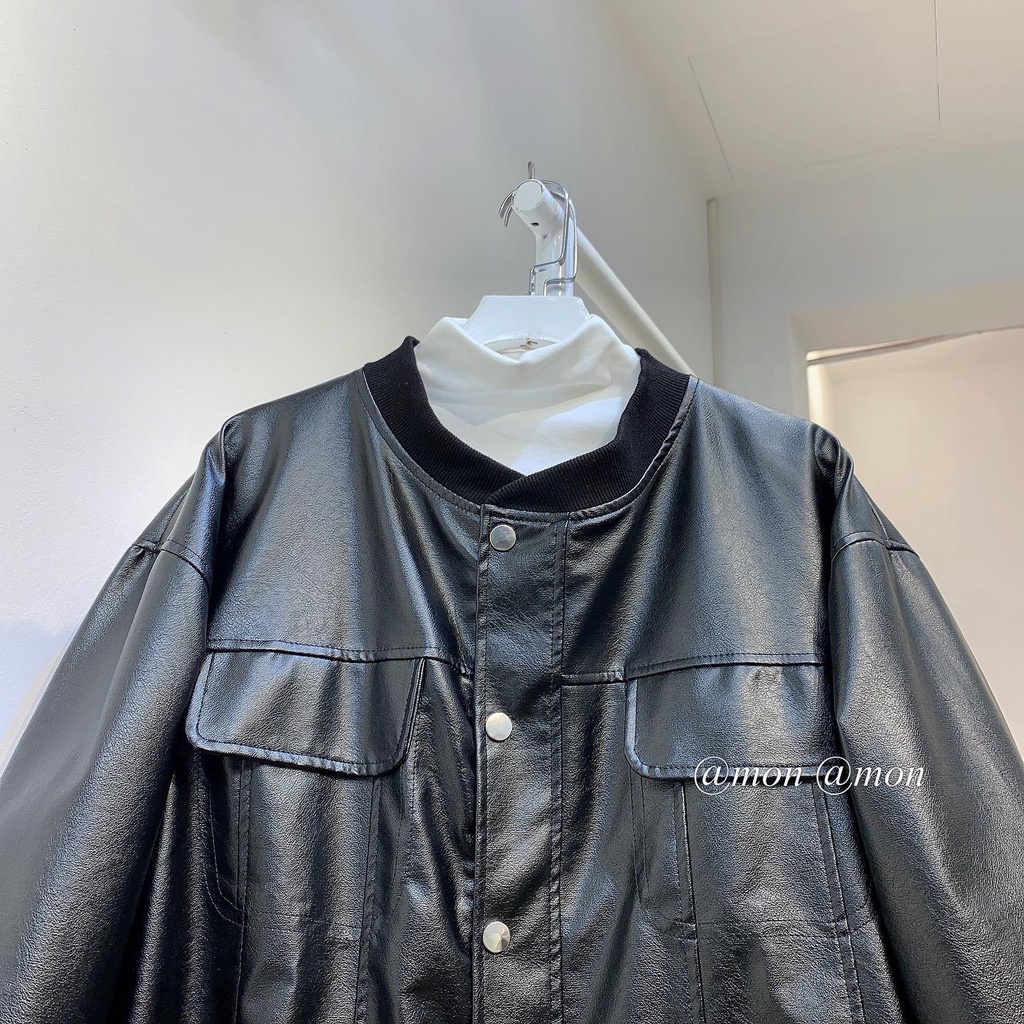 Áo khoác da dáng rộng, áo khoác bomber da nữ
