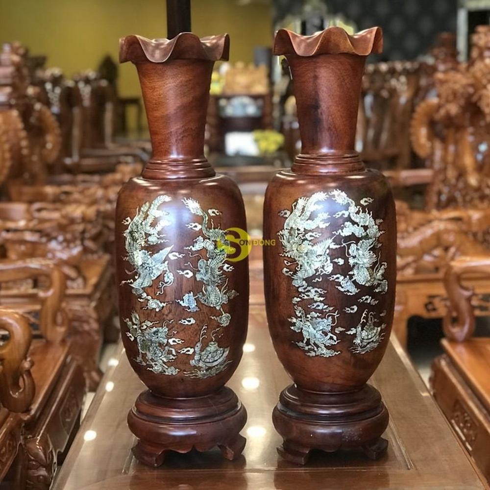 [Trả góp 0%] Lục bình gỗ lim một cặp cẩn ốc cao 70cm hàng nguyên khối