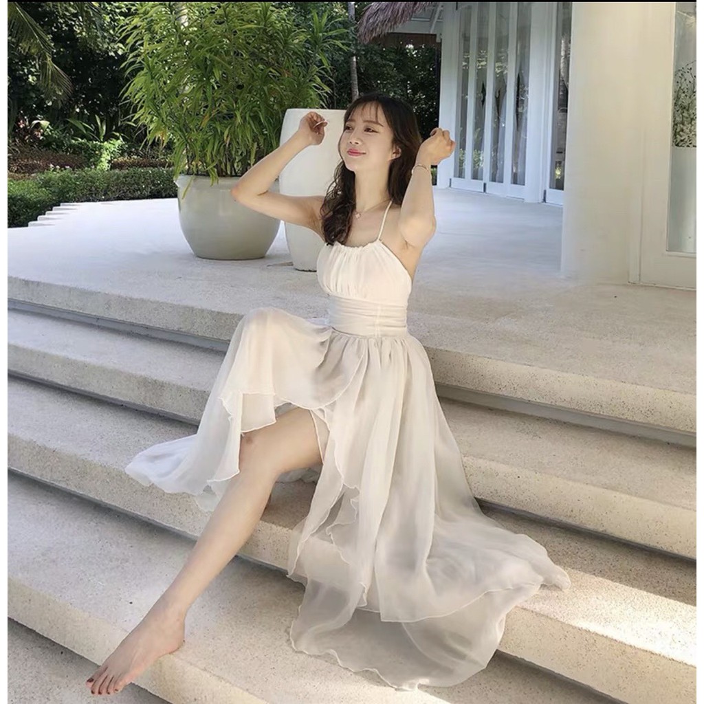 [FreeShip] Đầm maxi đi biển trắng đan lưng