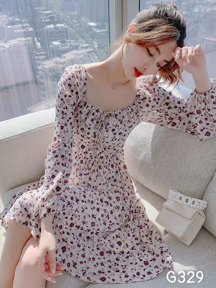 Đầm xoè voan lụa hoa nhí vintage nhấn eo G329