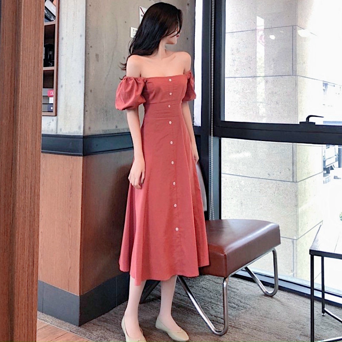 Đầm hồng ruốc tay bo form dài