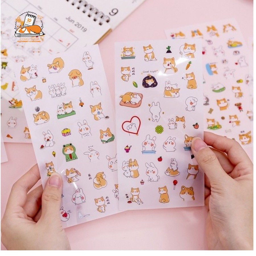 Set 6 sticker hoạt hình cô gái, chó shiba dễ thương