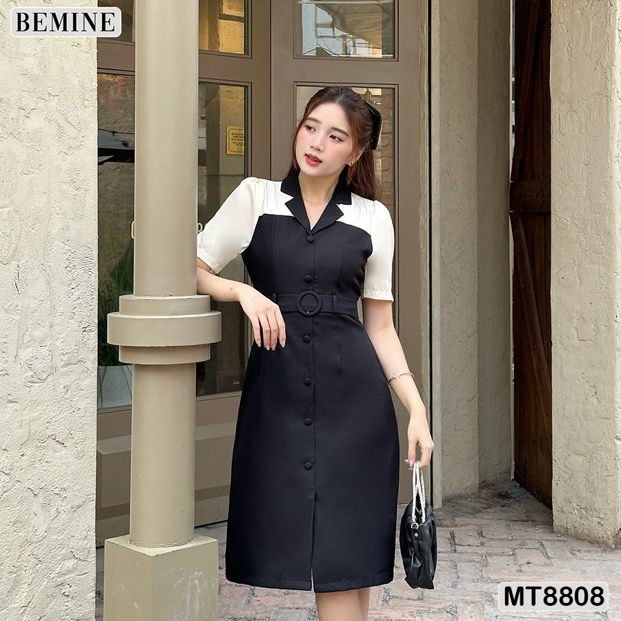 Đầm thiết kế công sở cổ vest phối tay tùng xoè bemine mt8808